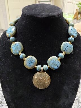 Blue and Gold Bead Necklace with Bronze  Pendant w/ Toggle Clasp. 20in Long